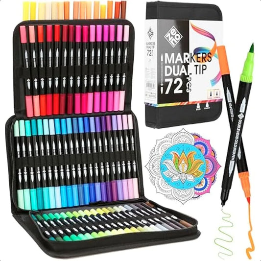 72 Dual Tip Markers Set with Carrying Case – No-Bleed Fine & Brush Tip Watercolor Art Pens for Adult Coloring & Drawing