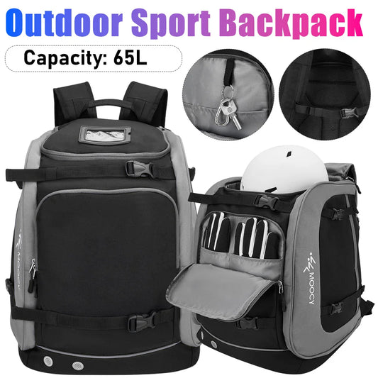 65L waterproof ski boot bag – large skiing backpack with helmet & clothing compartments, durable rucksack for accessories