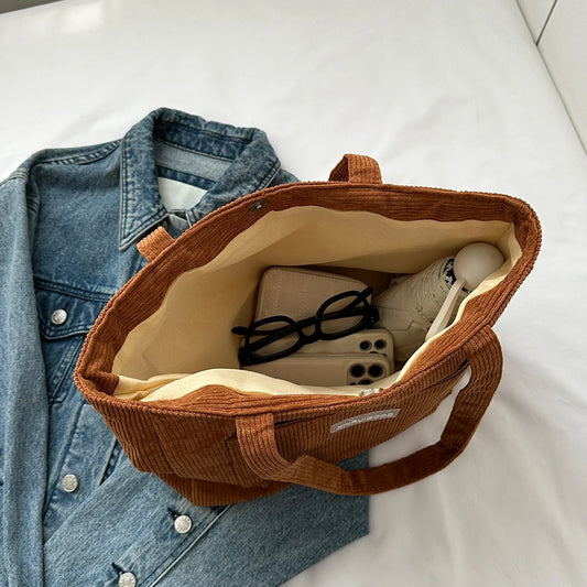 Women’s Corduroy Tote Bag with Pockets – Large-Capacity Shoulder Handbag for School, Work & Shopping