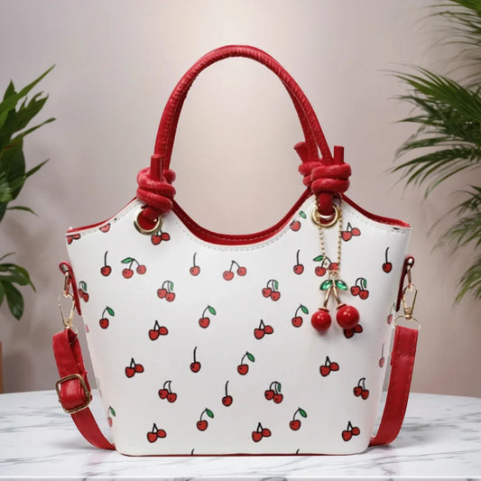 Women’s PU Leather Bucket Shoulder Bag – Cherry Print Crossbody with Adjustable Strap & Top Handle, Trendy Fashion Handbag