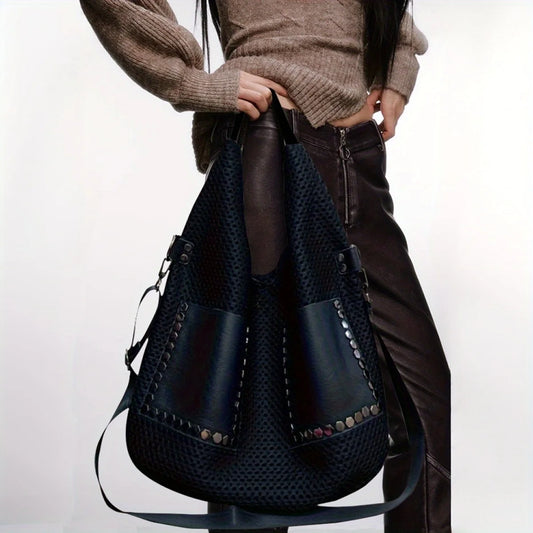 Mesh Splicing Star-Pattern Shoulder Bag – Large-Capacity Y2K Street Tote for Women