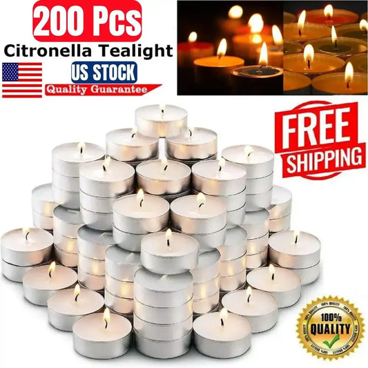 “200-Pack White Unscented Tea Light Candles – Bulk Dripless 4-Hour Burn for Weddings, Events & Home Décor”