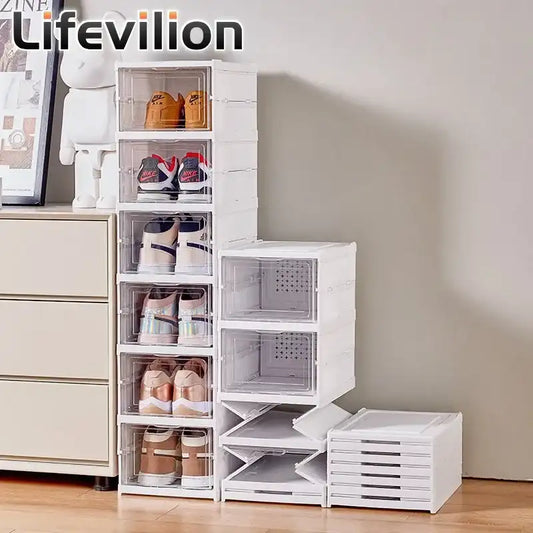 6-Layer Foldable Transparent Shoe Storage Organizer – Stackable Dustproof Sneaker Box Cabinet for High-Tops & Everyday Shoes