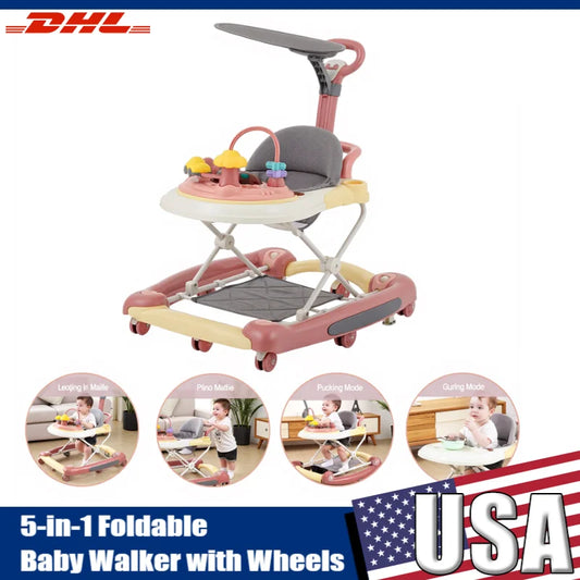 5-in-1 Foldable Baby Walker with Wheels – Detachable Push Handle, Activity Center, Food Tray & Sunshade for 6–24 Months