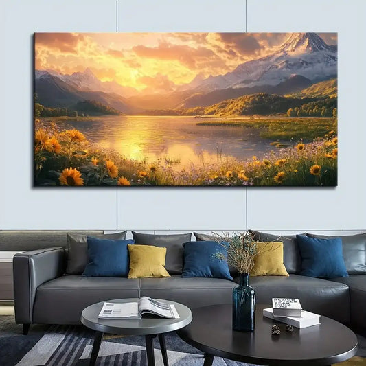 Large Canvas Wall Art – Mountain Landscape with Lake & Floral Accents in Pine Solid Wood Frame (1.5″ Thick)