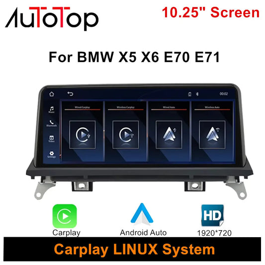 Autotop wireless CarPlay & Android Auto multimedia unit – BMW X5/X6 E70 E71 2007–2013 CCC/CIC system head unit with BT & display