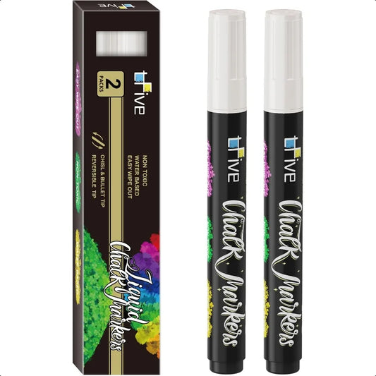 White Liquid Chalk Markers – 2-Pack Bright Erasable Pens with Reversible Tip for Boards, Signs & Glass