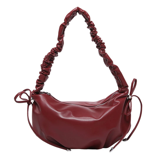 Women’s PU Leather Dumpling Shoulder Bag – Bow Accent Clutch with Inner Pocket & Zipper Closure for Work & Travel