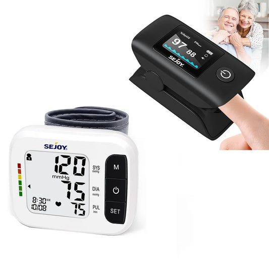 Sejoy Digital Wrist Blood Pressure Monitor with Finger Pulse Oximeter – OLED Blood Oxygen, Heart Rate & BP Monitor for Home Use