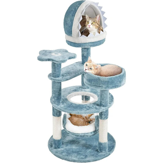 Cat Tree Multi-Level Tower – Plush Furniture with Shark’s Mouth Nest, Sea Star Perch & Jellyfish Hammock for Cats & Kittens