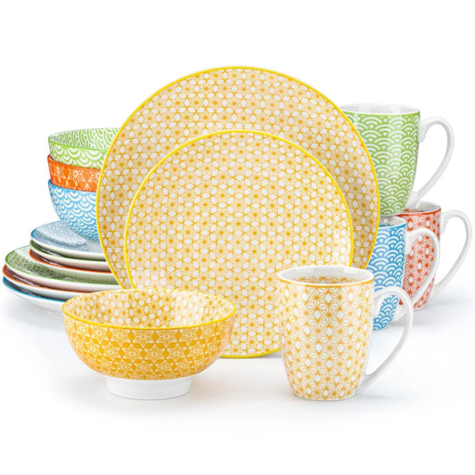 16-Piece Multi-Colour Japanese-Style Porcelain Dinnerware Set – Plates, Dessert Plates, Bowls & Mugs (Service for 4)