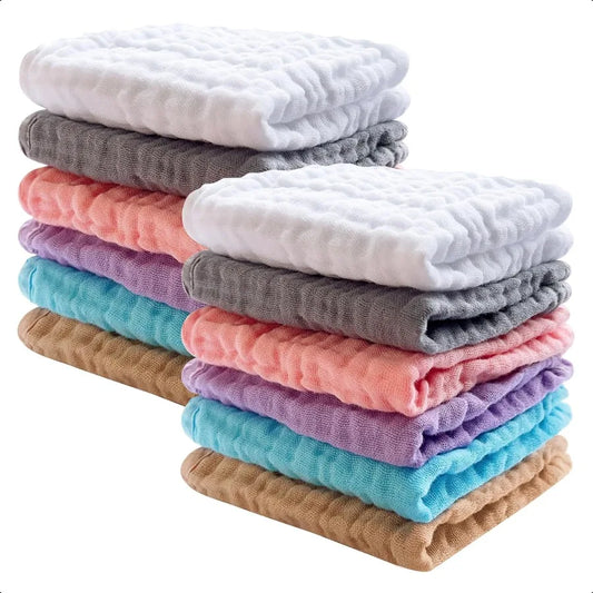 12-Pack Baby Muslin Washcloths – Soft & Absorbent Face Cloths for Newborn Bath, Wipes & Burp Rags