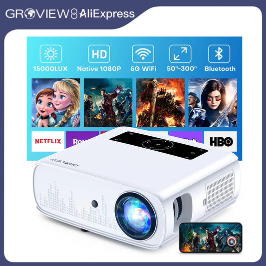 Groview Native 1080p Projector – Wi-Fi & Bluetooth, 15 000 Lux (490 ANSI), 300″ Display, 4K Support & 5G Sync