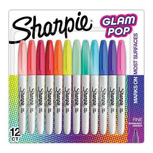 Sharpie Glam Pop Permanent Markers – 12 Count Fine Point, Bright Assorted Colors for Bold & Creative Marking