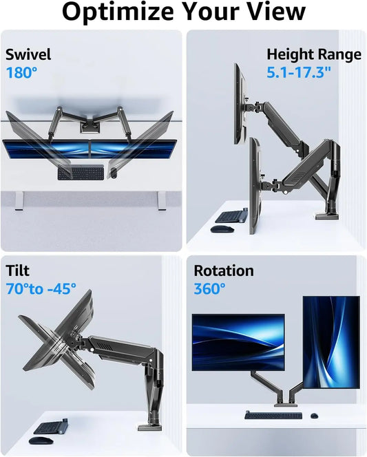 Dual Monitor Stand with Adjustable Arms – Fits 13″–32″ Computer Screens (4.4–19.8 lbs) Height Adjustable Desk Mount