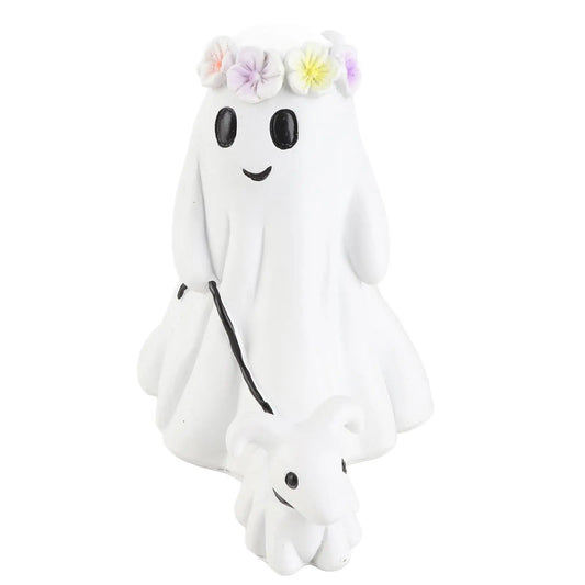 Spooky Cute Ghost Walking Dog Resin Ornament – Adorable Halloween Tabletop Decoration for Indoor & Outdoor Use | 15cm Figurine