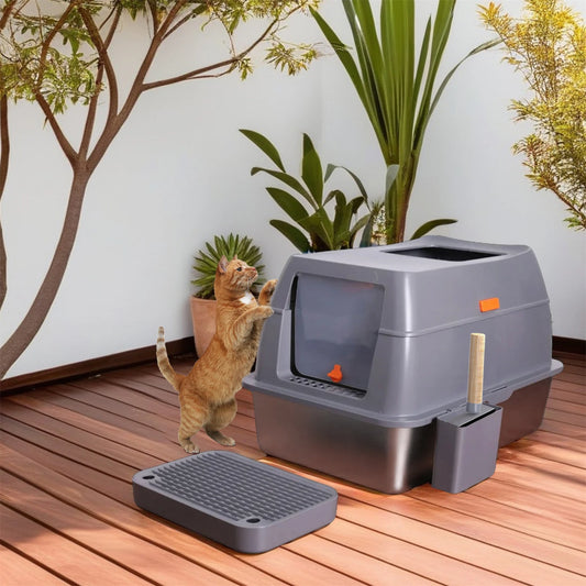 Enclosed Stainless Steel Cat Litter Box with Lid, Extra-Large Metal Tray & High Walls for Big Cats