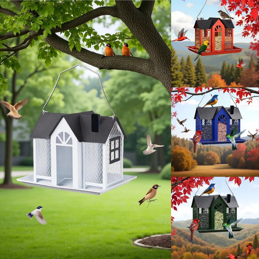 Outdoor Hanging Wild Bird Feeder – Large-Capacity Metal Mesh Seed Tray & Roof Cover for Garden, Tree, Patio