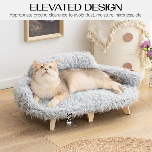 Mewoofun Elevated Cat Bed – 26"x18.3"x8.5" Wooden Pet Sofa with Washable Cover for Cats & Small Dogs, Grey
