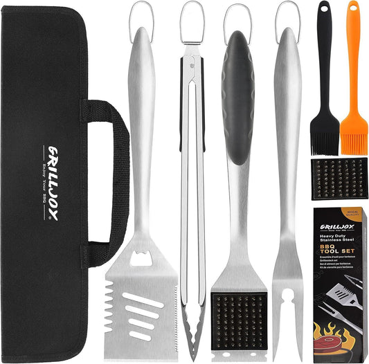 Grilljoy 8-Piece BBQ Grill Tool Set - Heavy-Duty Stainless Steel Barbecue Accessories with Spatula, Tongs, Fork & Storage Bag