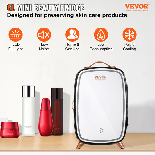 VEVOR 6L Skincare Fridge with LED Mirror Door - Portable Mini Fridge for Cosmetics, Food & Drinks
