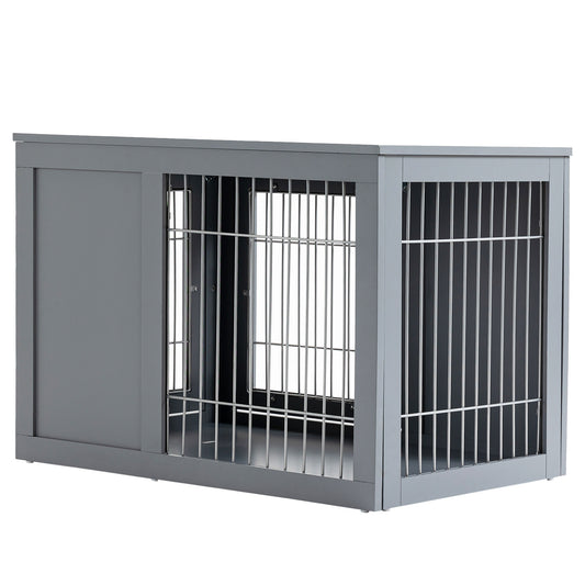 Dog Cage Furniture – Grey Metal Indoor Pet Crate with Double Doors, Secure Locks & End Table Design for Small & Medium Dogs