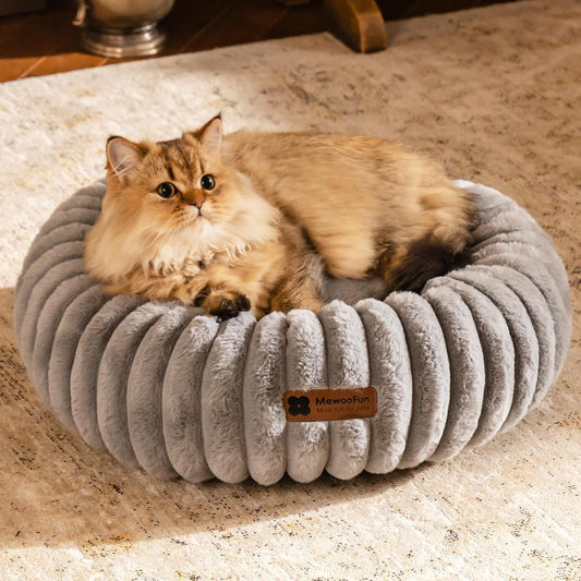 Mewoofun Donut Cat Bed – Grey 23" Washable Round Fluffy Calming Pet Bed with Non-Slip Bottom for Cats, Kittens & Puppies