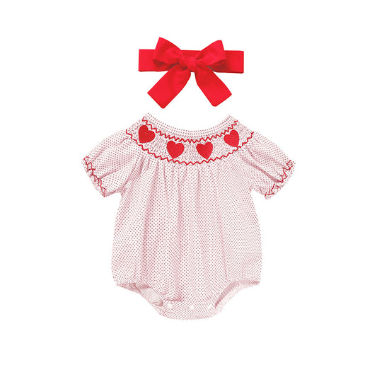 Newborn Baby Girls Valentine’s Day Smocked Romper – Short Sleeve Heart Embroidery Jumpsuit ❤️👶