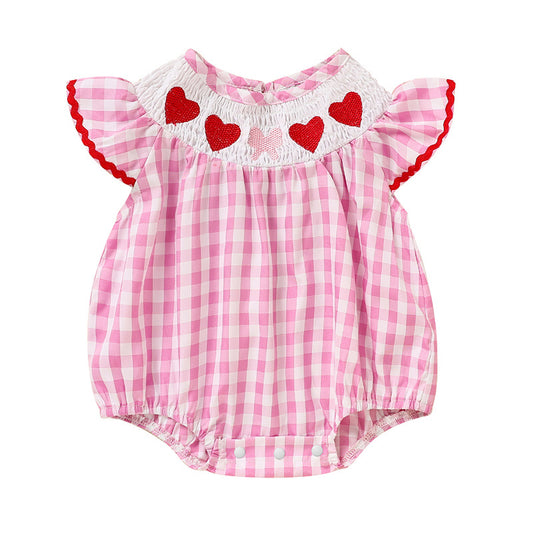 Newborn Baby Girls Valentine’s Day Romper ❤️ Plaid Heart Embroidery with Ruffle Sleeves 👶