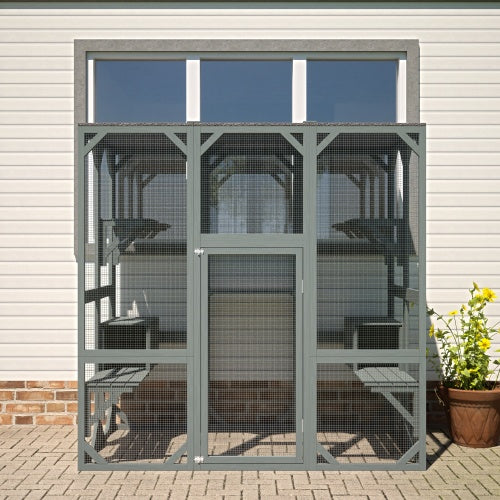 Outdoor Wooden Cat House & Large Cat Cage – Multi-Level Enclosure with Jump Platform, Apartment & Weather-Resistant Roof