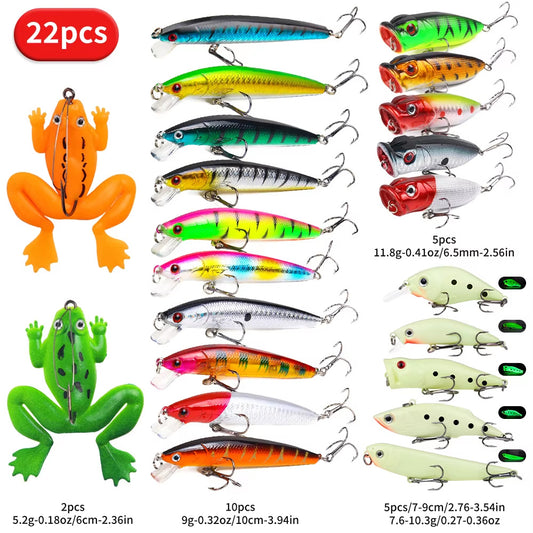 22-Piece Fishing Lure Set - Mixed Hard Bait Kit with Popper, Minnow, Frog & VIB for Bass Fishing