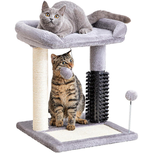 Small 4-in-1 Cat Tree Tower – Self-Grooming Brush, Sisal Scratching Post, Soft Plush Bed & Hanging Ball for Kittens
