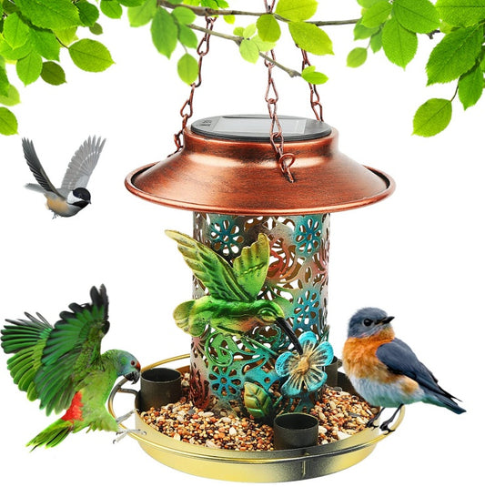 Solar Bird Feeder with Lantern Design – Hanging Metal Outdoor Bird Feeder with S-Hook, Solar Garden Light & Gift for Bird Lovers