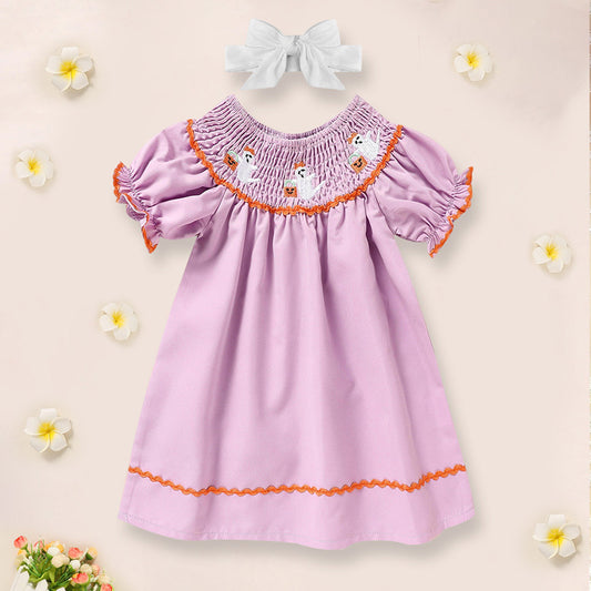 Infant Baby Girl Halloween Dress 🎃 Ghost Embroidery Outfit + Matching Headband