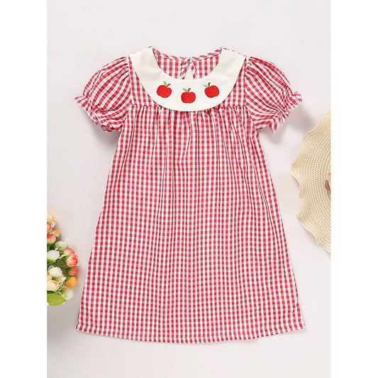 Toddler Kids Girls Back to School Dress – Smocked Collar Puff Sleeve Plaid Embroidered Outfit