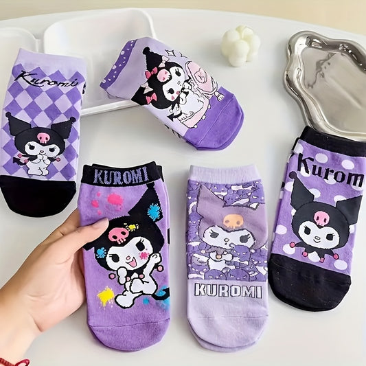 Sanrio Kuromi 5-Pack Women’s Cute Cartoon Short Socks – Bright Purple, Soft Polyester Blend, Spring-Summer-Fall Everyday