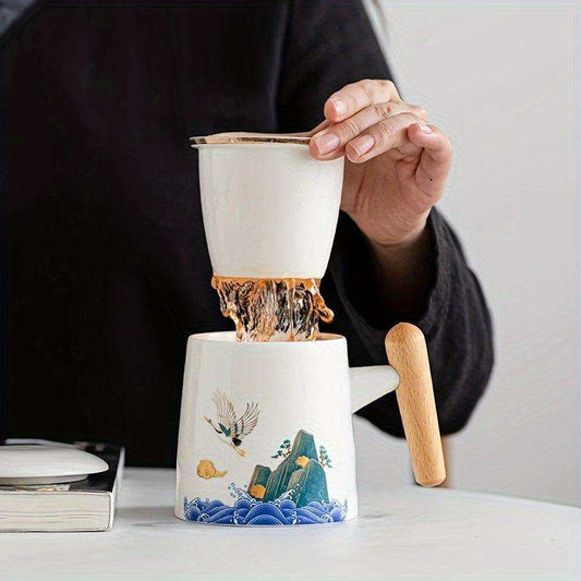 Crane-Patterned Ceramic Teacup with Lid & Filter – Perfect Gift - PulinGO