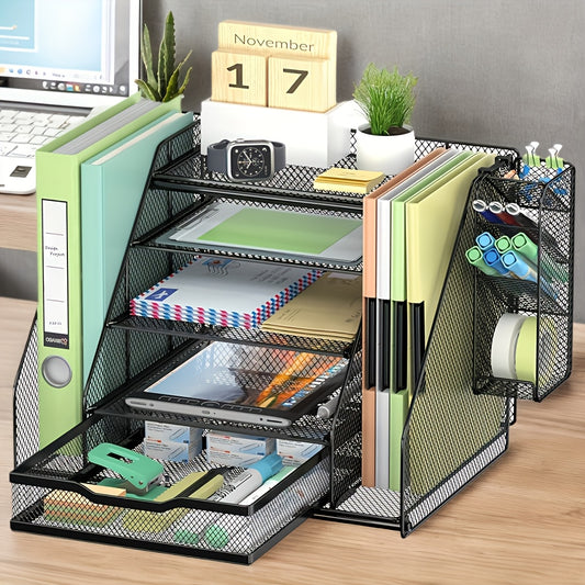 5-Shelf Mesh Desktop Organizer with File Shelf, Sliding Drawer & Large Pen Holder – Multi-Function Desk Storage for Home & Office 🗂️