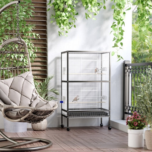 PawHut 54'' Extra Large Portable Rolling Iron Aviary – Flight Bird Cage with Accessories for Parrots, Cockatiels & Finches