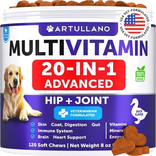 Dog Multivitamin Chews – 20-in-1 Vitamins with Glucosamine for Joint, Skin, Gut, Immunity & Mobility (120 Chews)