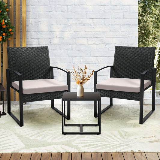Rattan 3pcs Bistro Set, Outdoor Patio Furniture Conversation Set With 2 Chairs And 1 Safety Glass Top Table, Overstuffed Cushions, Wicker Porch Set, Ideal For Backyard - PulinGO