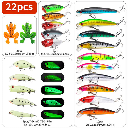22-Piece Fishing Lure Set - Mixed Hard Bait Kit with Popper, Minnow, Frog & VIB for Bass Fishing