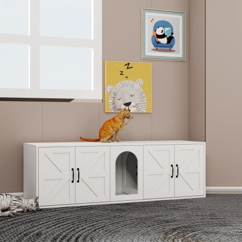 Modern Cat Litter Box Furniture – Double Room Wooden Cat Litter Enclosure with Cat Door, Stylish Indoor Pet Cabinet