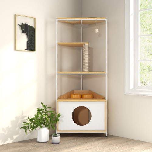 Cat Apartment with Feeding Station & Climbing Platform – Multi-Functional Indoor Pet Furniture with Condo, Scratch Posts & Elevated Bowls