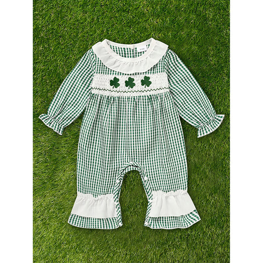Newborn Baby Girl Long Sleeve Bodysuit – Green Plaid Clover Print One-Piece Outfit
