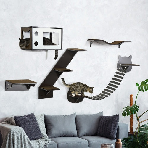 PawHut Cat Shelves – Wall-Mounted Cat Tree with Curved Platform, Cozy House, Bridge, Easy Stairs & Flat Perch, Coffee Brown
