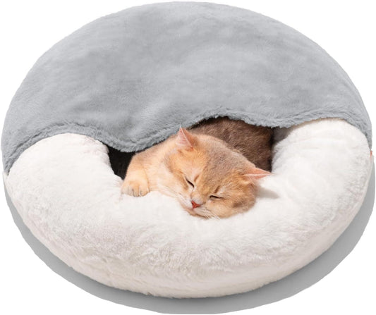 Mewoofun Enclosed Cat Bed Cave – 22"x22" Washable Pet Bed with Blanket & Non-Slip Base for Cats & Small Dogs