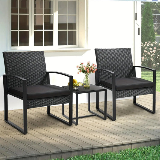 Rattan 3pcs Bistro Set, Outdoor Patio Furniture Conversation Set With 2 Chairs And 1 Safety Glass Top Table, Overstuffed Cushions, Wicker Porch Set, Ideal For Backyard - PulinGO