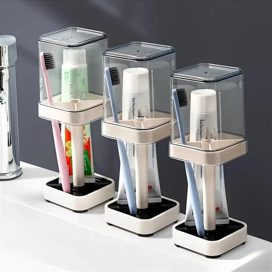 Toothbrush & Toothpaste Holder – 3-Slot Bathroom Organizer with Cup & Cover - PulinGO
