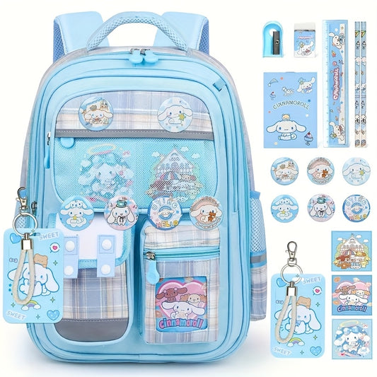 Sanrio Cinnamoroll Backpack Set – School Bag with Student Bookbag, Pins, ID Badge Holder & Stationery for Teenagers 🎒